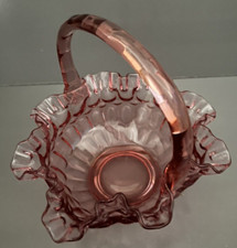 Fenton Cranberry Pink Basket Ruffled Edge Glass Applied Handle Thumbprint VTG picture