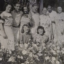 Vintage Photo Snapshot Group of Men & Women Posing in Flower Garden picture