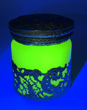 Antique French Opaline Uranium Yellow Glass Roundl Ornate Bronze Box picture