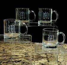 Vintage Etched “M” Clear Glass Coffee Tea Mugs USA 1960’s picture