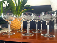 Set of 6 Clear Etched Floral Stemmed Champagne Coupe Glasses 5 oz picture