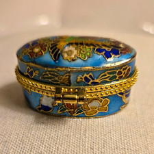 Blue Cloisonne-Style Enamel Hinged Oval Trinket Box Floral Bird Gold-Tone VTG picture