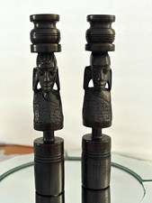 Vintage Hand Carved African Ebony Wood Candlesticks Pair Kenya Tribal Bust 10.5