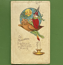 Antique 1918 Embossed Halloween Witch Owl Moon Vintage Postcard Artist Signed picture