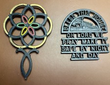 VTG 2 Cast Iron Trivet Bless This House Oh Lord We Pray Trivet & Daisy/Flower  picture