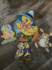 Vintage 1960’s Easter Die Cut Cardboard Wall Decorations Lot Of 4 Duck Bunny picture
