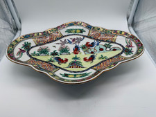 Vintage Hong Kong Porcelain Quatrefoil Plate Tazza Dish w/ Roosters Decoration picture