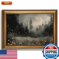 Sereneframo Art Gold Framed Vintage Landscape Wall Art Dark Forest Moon Canvas picture