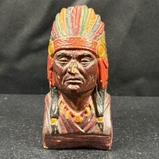 Vintage Native American Chief Bust Chalkware Figurine Hand Painted 4.25 Inch picture