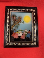 Vintage Korean Reverse Glass Painting Black Lacquer Frame Mother Of Pearl Inlay picture