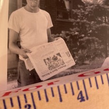 vtg photo snapshot 1952 boy holding paper OLYMPICS OPEN In HELSINKI black white picture