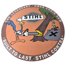 Vintage Stihl Chainsaw Sign - Porcelain Road Runner Coyote Contra Saw Gas Sign picture
