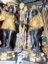 Vintage Blackamoor Style Pair Figures Gold Robes Torch Candle Holders picture