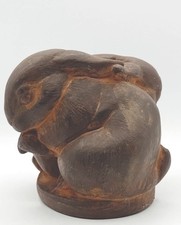 Vtg Hen Feathers Rabbit Statue Figurine 2 Hugging Bunnies Rabbits Brown Ceramic picture