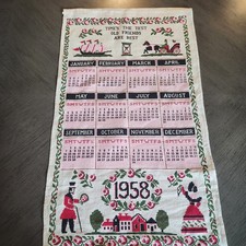 Vintage 1958 Linen Cloth Calendar Hanging Tea Towel 27” x 16” picture