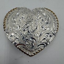 Vintage Crumrine Heart Belt Buckle Silver Plated Gold Tone Western USA Floral picture