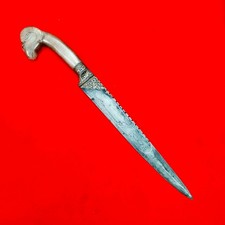 Vintage Indo-Persian Mughal Islamic Jade Gold Koftgari Damascus Ram Kard Knife picture