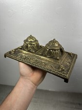Stunning Cast Bronze Victorian Double Inkwell Holder Stand Pen Holder Decorative picture