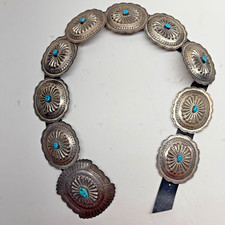 Vintage Navajo Concho Belt STERLING SILVER Natural Turquoise 10 Pieces 325 gram picture