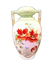Antique Hand Painted Poppy Vase 10” Double Handle Art Nouveau Floral picture
