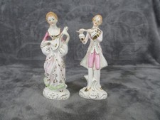Victorian Musician Figurine Playing Mandolin & Flute Porcelain Vintage 2 Piece picture