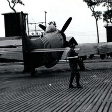 c1940s WWII Fighter Plane Photo Pierced Steel PSP Runway Woman Uniform Vintage picture