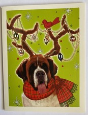 Vintage Carlton St. Saint Bernard Dog With Antlers Christmas Card - Multiples picture
