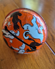 Vintage MCM Tin and Wooden Halloween Shaker Rattle Noisemaker Ghosts and Cats picture