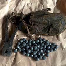 Antique Black Powder Set Iron Scissor Bullet Mold Leather Pouch & Lead Balls 261 picture