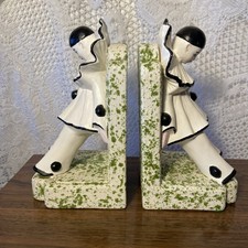 Vintage Art Deco Pierrot Clown Ceramic Bookends Pair White Black Green Mime picture