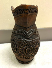 VTG Hand-Carved Dark Wood Pitcher Floral Motifs Zigzag Trim Rustic Decor picture