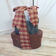 Primitive Heart Shaped Nesting Stacking Boxes Distressed  Burgundy Plaid Ribbon picture