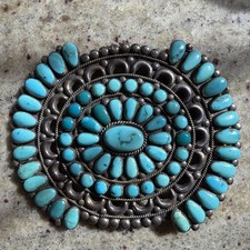 BIG Old  Native American Sterling & Turquoise Cluster  Pin/pendant. 4.5 Inches. picture