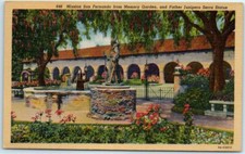 Postcard Mission San Fernando & Father Juniper Sera Statue from Memory Garden CA picture