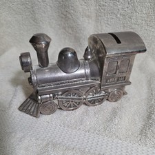 Vintage train silver metal piggy coin Bank unique collectible home decor picture