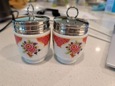 lot Of 2 Royal Worcester Porcelain Egg Coddler Floral Pink Pattern w/ Metal Lid picture
