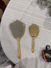 ANTIQUE/Vintage 2-PIECE HANDHELD BRASS MIRROR & HAIR BRUSH SET Ornate Flower On  picture