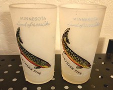 Vtg 1950s Minnesota Souvenir Frosted Glasses Pair Northern Pike Fish Tumbler picture