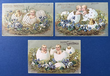 3 Classic Children in Eggs Easter Antique Postcards. EMB. Strong Gold. Chicks picture