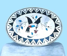 Vtg Benjamin Becenti Navajo HUMMINGBIRD Multi-Stone Inlay Sterling Belt Buckle picture