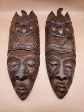 Hand Carved Wooden Masks Vintage Tribal Hanging Wall Art Decor 25” Long  picture