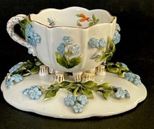 Antique Sitzendorf Cup & Saucer Applied Forget-Me-Not Flowers 3D Germany c1890s picture