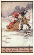 TUCK A/s AGNES RICHARDSON Little Girls in Sled Chair w Dog Antique Postcard picture