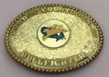 Vintage 1982 Olson Rodeo Trophy Belt Buckle Cowboy Countdown Montana Bullfighter picture