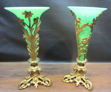 Antique French Style Bronze Glass Trumpet Vases Epergne Jadeite c1900 picture