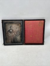 Antique Daguerreotype Tin Photograph Of A Couple Leather Framed Photo 4.5x3.5” picture
