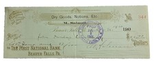 First National Bank Beaver Falls Pennsylvania PA Antique 1900s Check picture