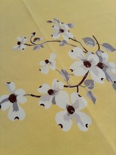 Vintage 1950s Yellow Linen Dogwood Blossom Floral Tablecloth 48x54 Selvedge EUC picture