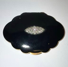 Vintage Kigu of London Powder Compact Black Enamel Pearl Marcasite Pouch England picture