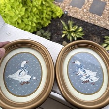Vtg 1985 Homco Country Duck Set 2 Gold Oval Frames Blue White Goose Cottage Core picture